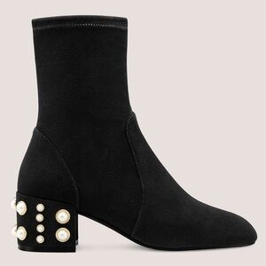 Stuart Weitzman Black Suede Ankle Boots with Pearl-Stud Heel